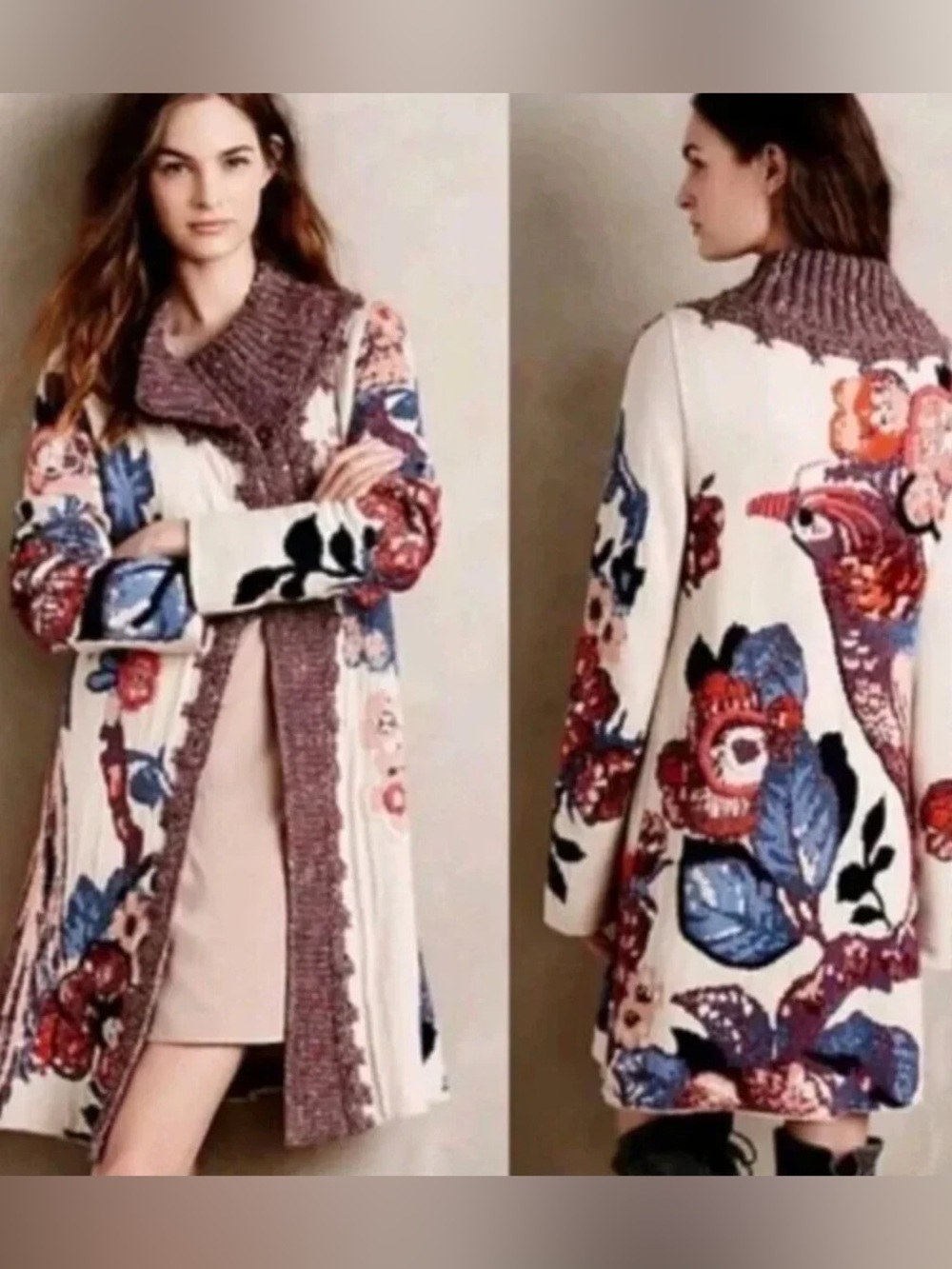 Anthropologie Cardigan Sweater Sleeping on Snow Embroidered Bird Women’s L Large